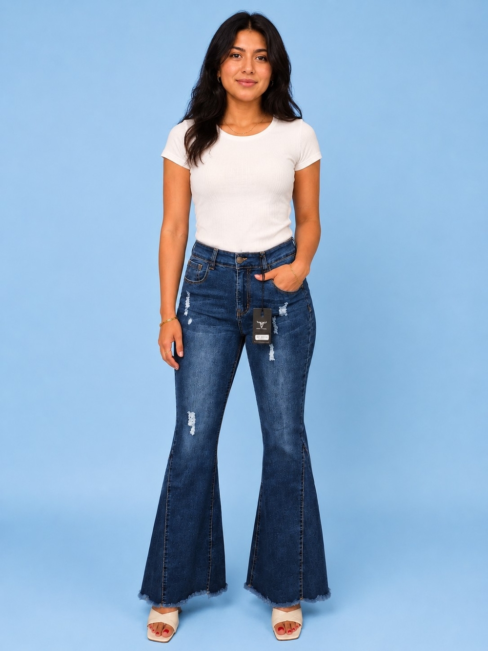 Lucky & Blessed Dark Blue Distressed Flare Jeans